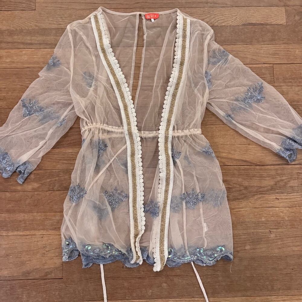 Resort white gold and blue trim sheer open back rope tassel tie blouse sz M
b42